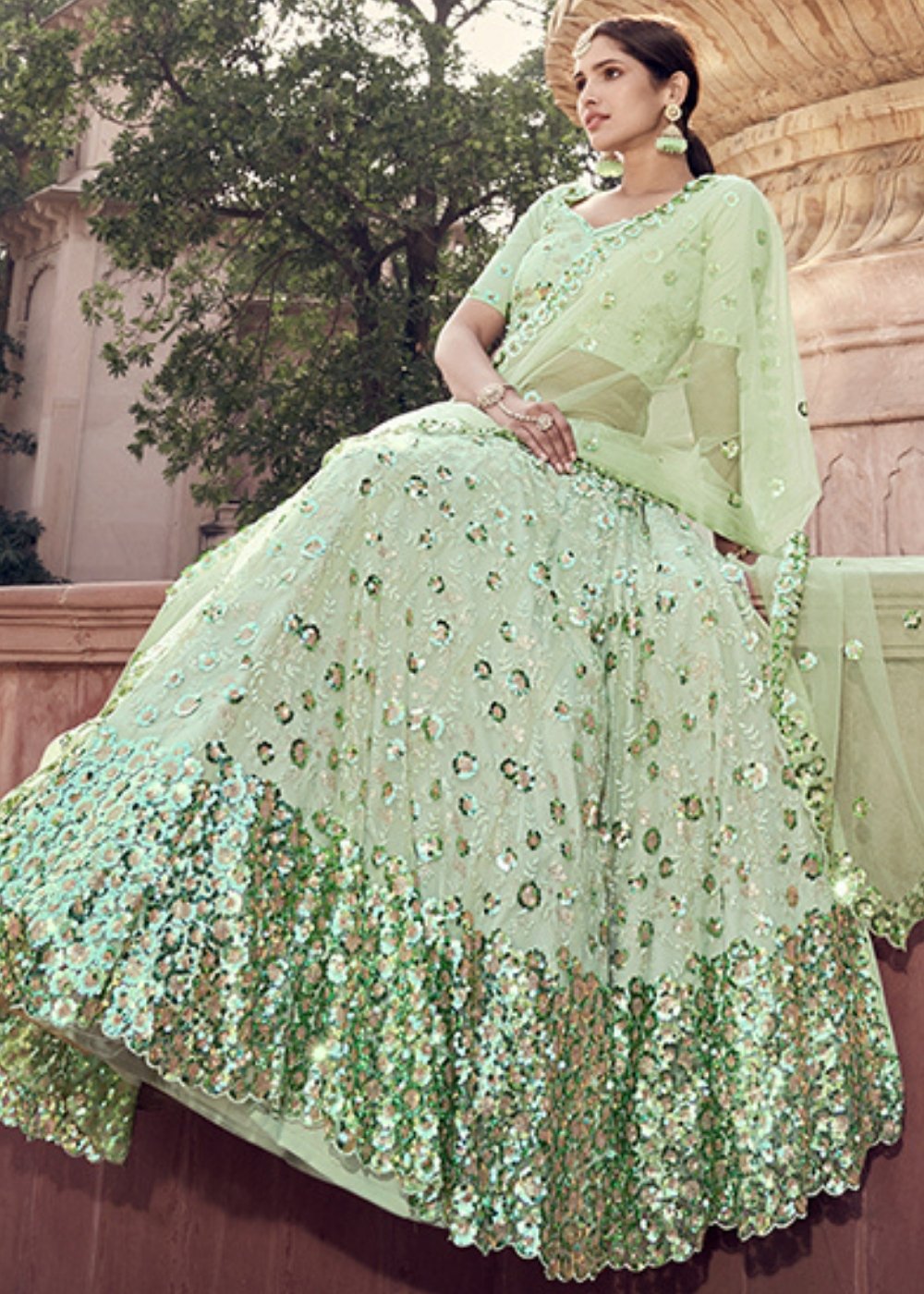 Mint Green Designer Soft Net Lehenga Choli with Sequins & Thread work