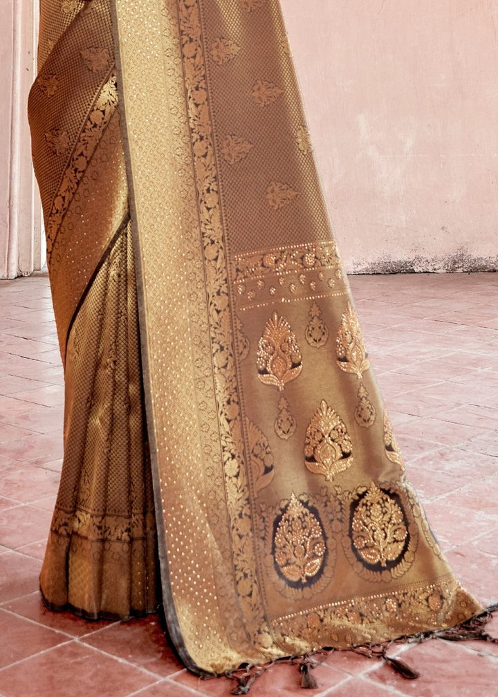 Cedar Brown Handloom Weave Kanjivaram Silk Saree with Swaroski work