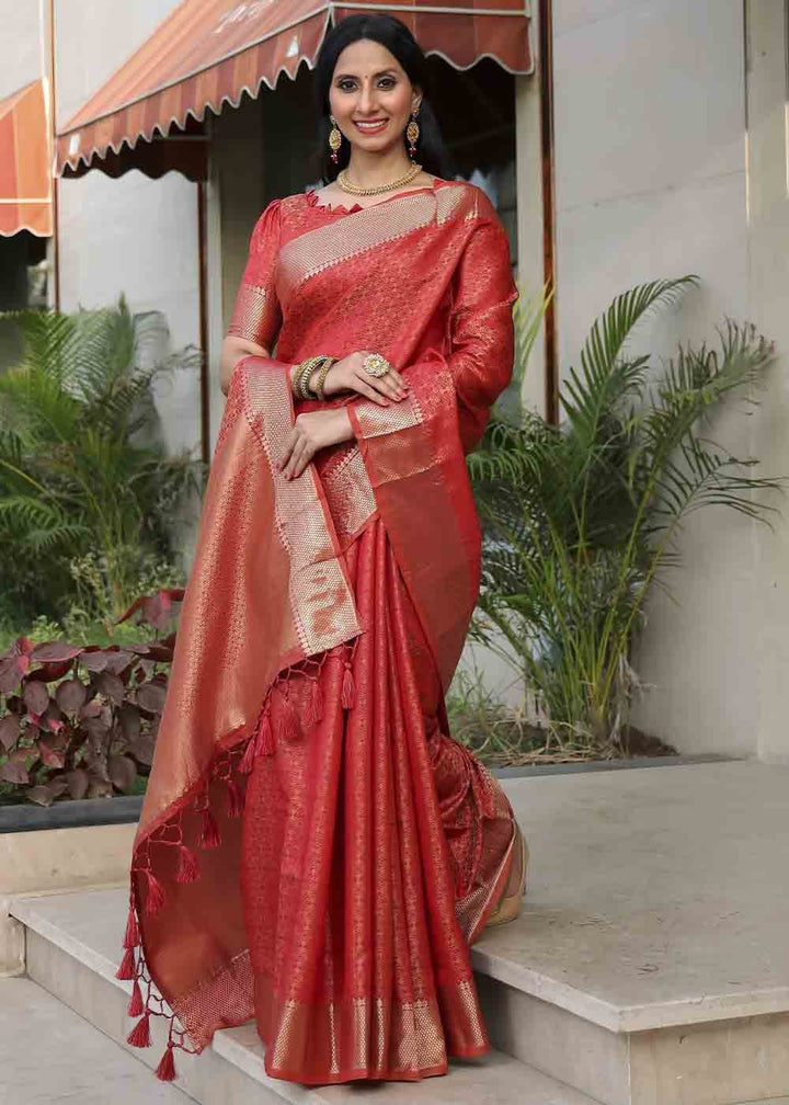 Chilli Red Woven Soft Banarasi Silk Saree
