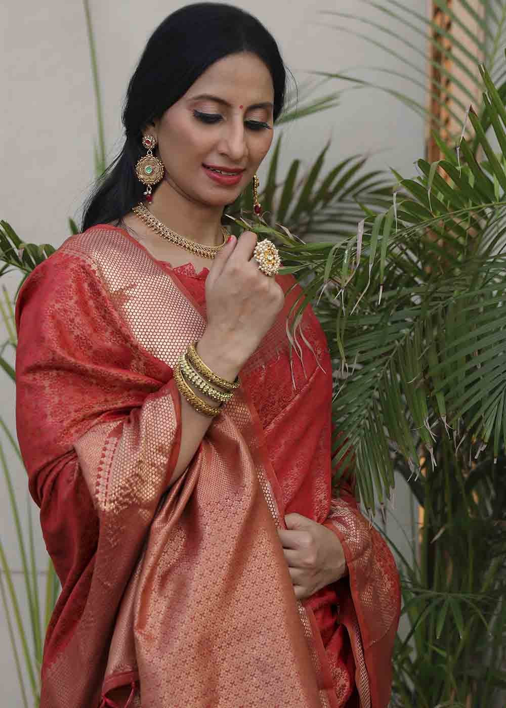 Chilli Red Woven Soft Banarasi Silk Saree