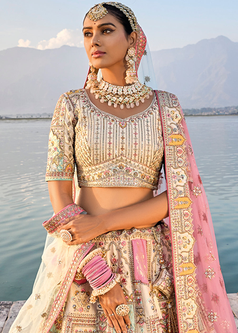 Cream White Banarasi Silk Bridal Lehenga Choli with Heavy Embroidery Work