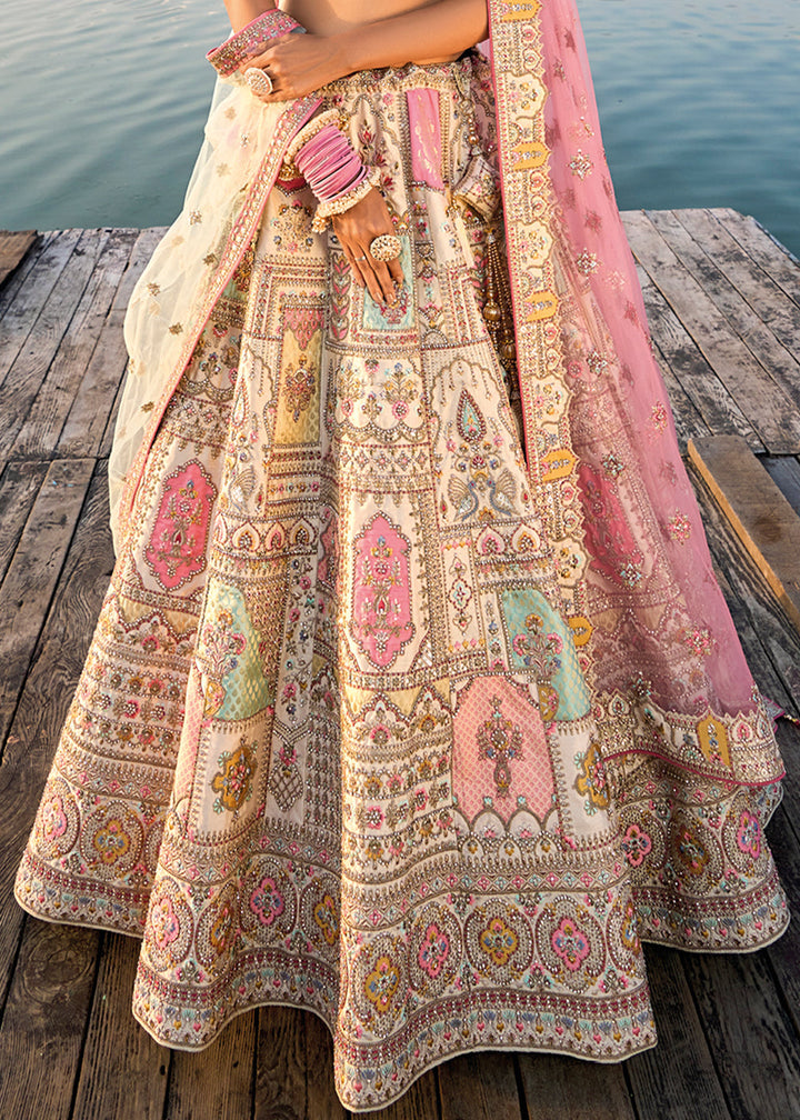Cream White Banarasi Silk Bridal Lehenga Choli with Heavy Embroidery Work
