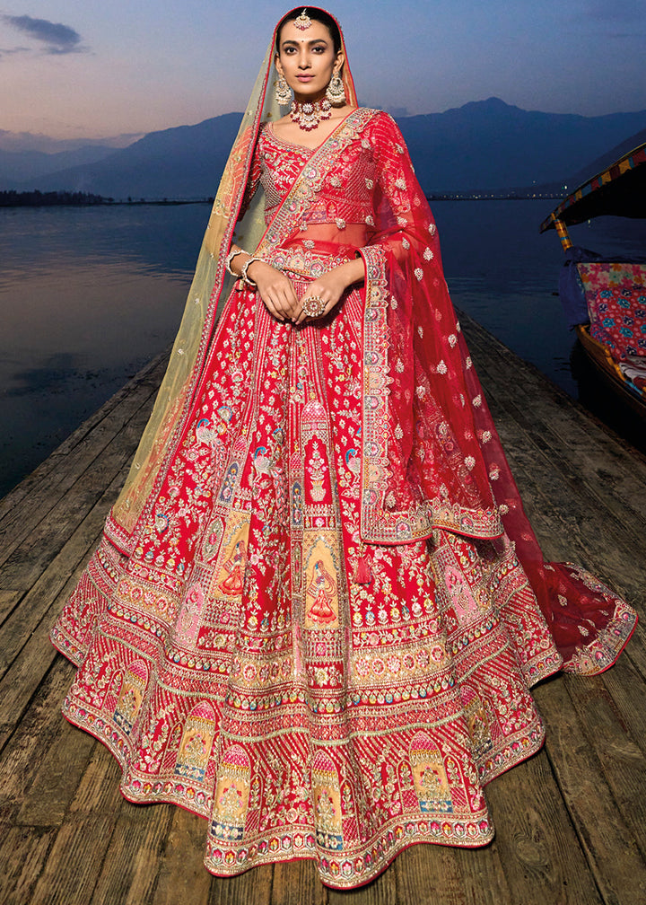 Shades Of Red Banarasi Silk Bridal Lehenga Choli with Heavy Embroidery Work