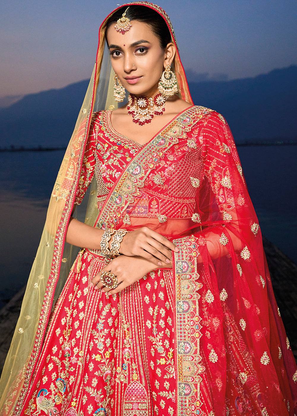 Shades Of Red Banarasi Silk Bridal Lehenga Choli with Heavy Embroidery Work