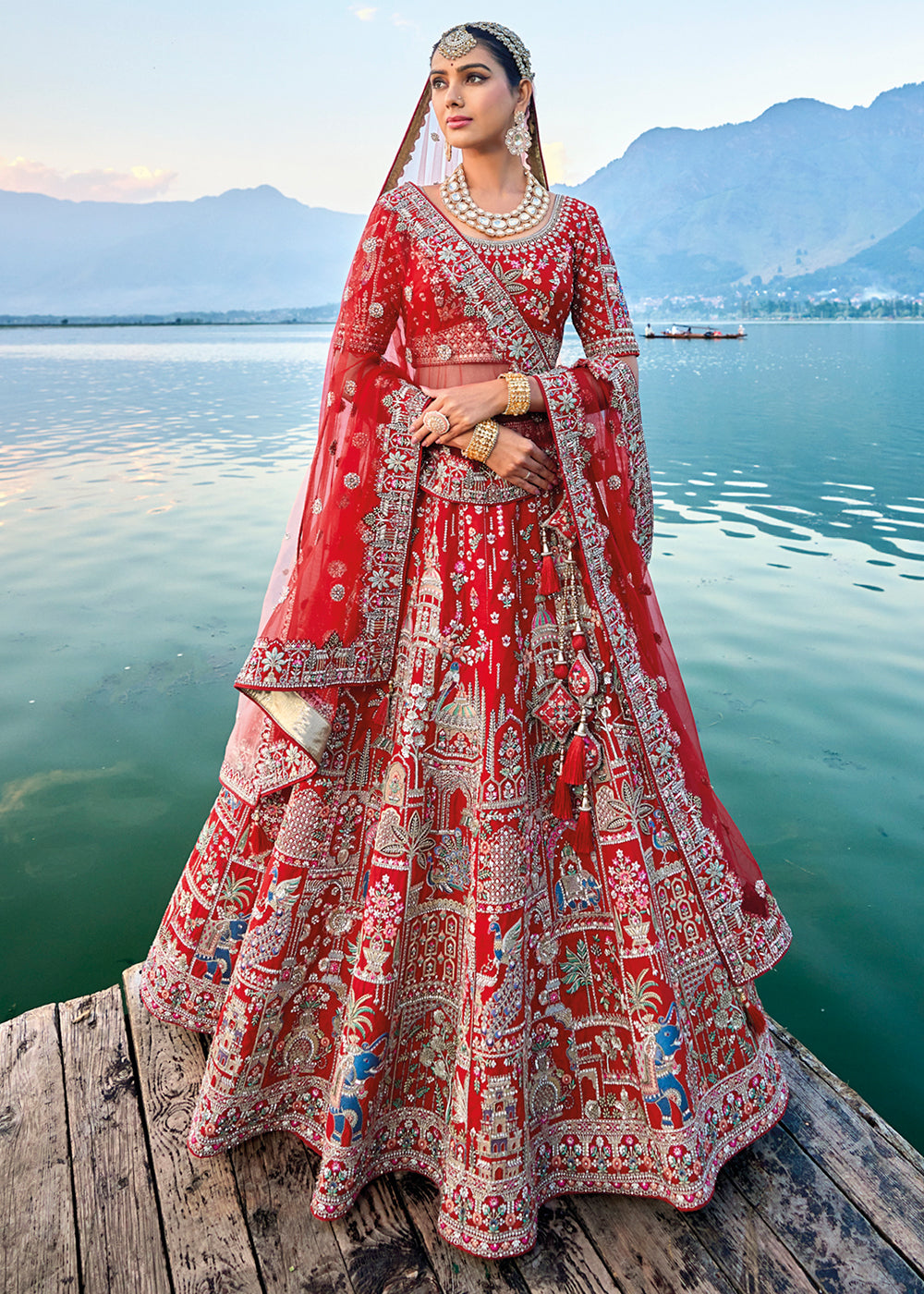 Carmine Red Banarasi Silk Bridal Lehenga Choli with Heavy Embroidery Work
