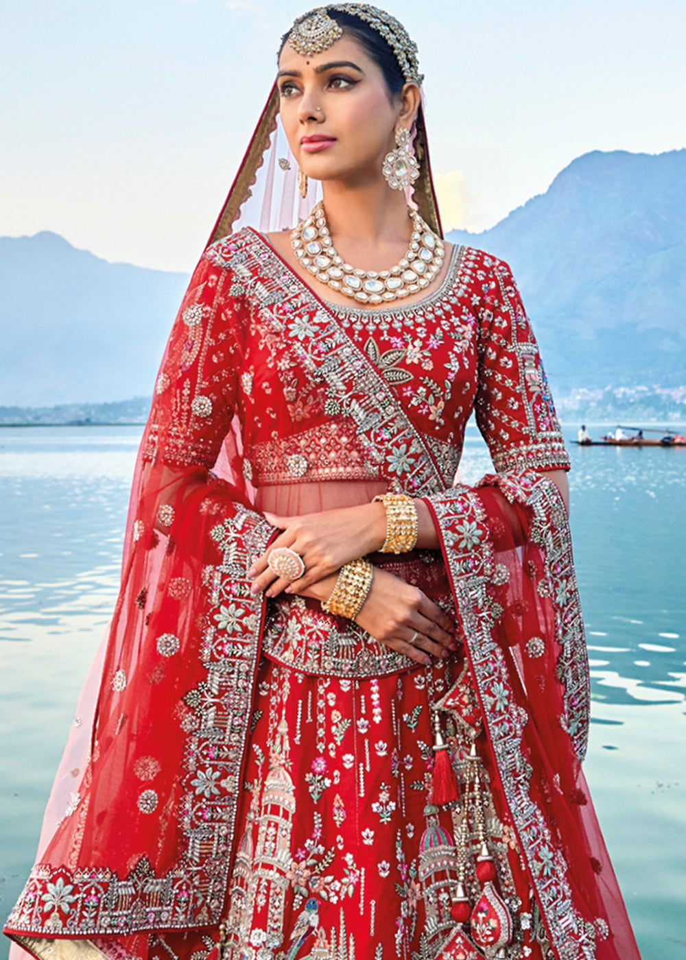 Carmine Red Banarasi Silk Bridal Lehenga Choli with Heavy Embroidery Work