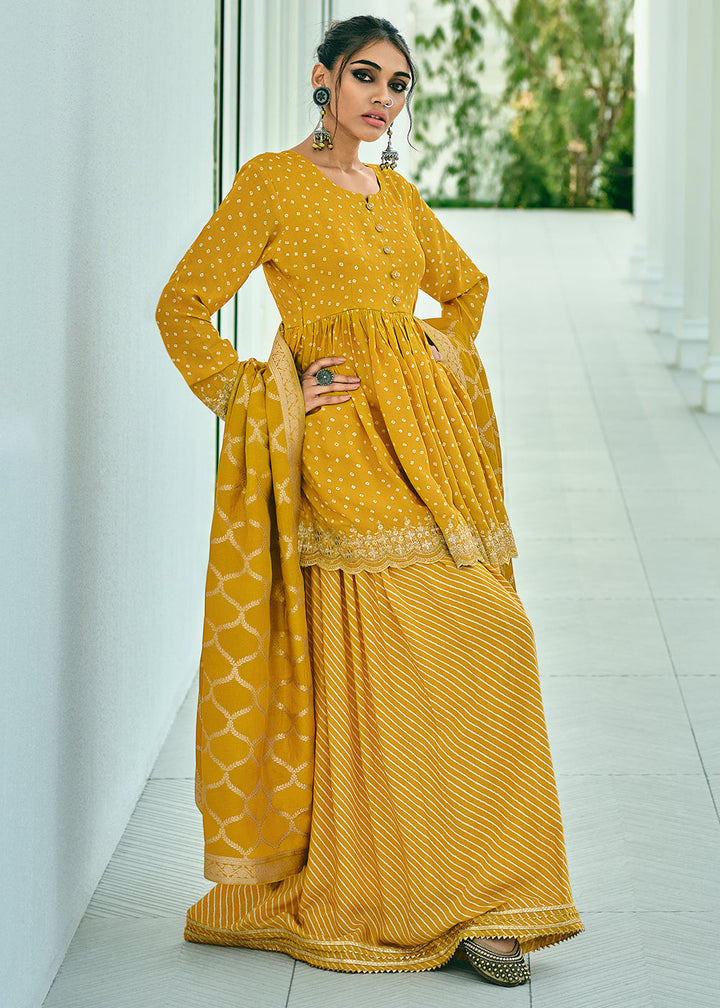 Amber Yellow Bandhani Printed Viscose Muslin Salwar Suit with Embroidery work