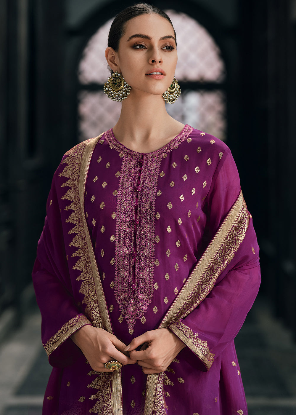 Mardi Gras Purple Designer Woven Viscose Organza Salwar Suit with Embroidery work