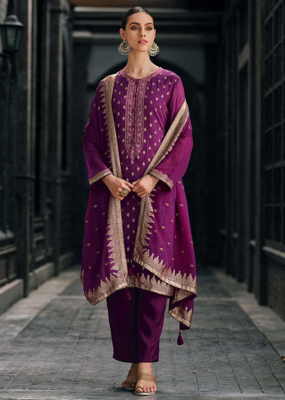 Mardi Gras Purple Designer Woven Viscose Organza Salwar Suit with Embroidery work
