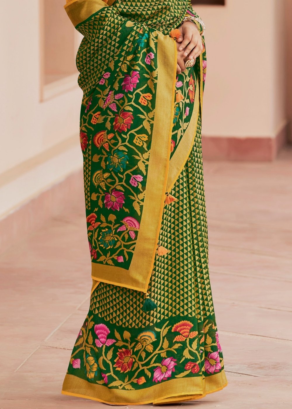 Yellow & Green Soft Silk Saree with Embroidered Blouse
