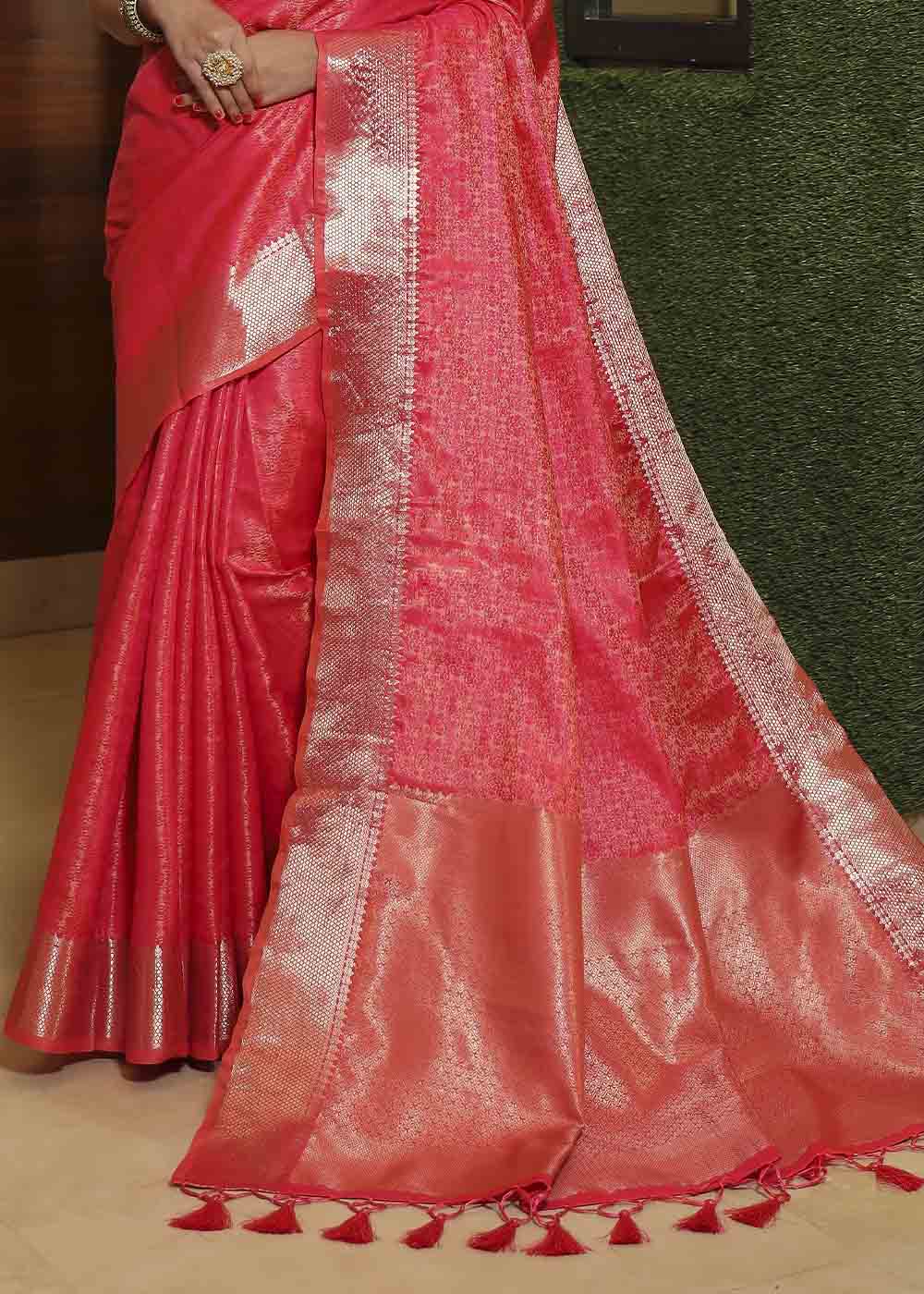 Bright Pink Woven Soft Banarasi Silk Saree