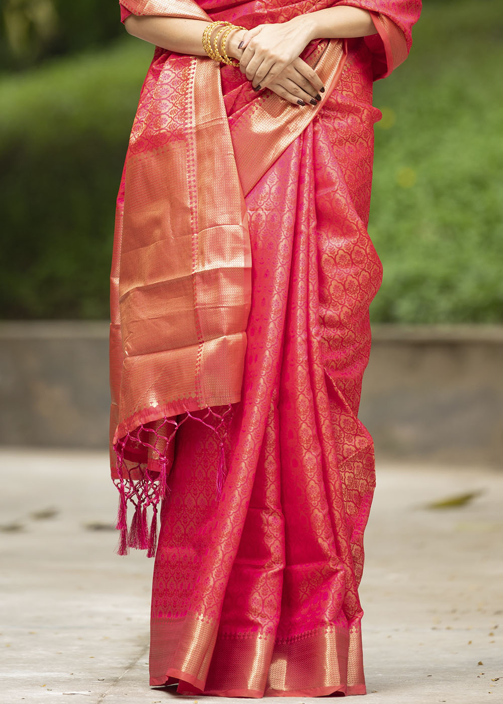 Cerise Pink Self Weaving Banarasi Silk Saree with Zari Border & Pallu