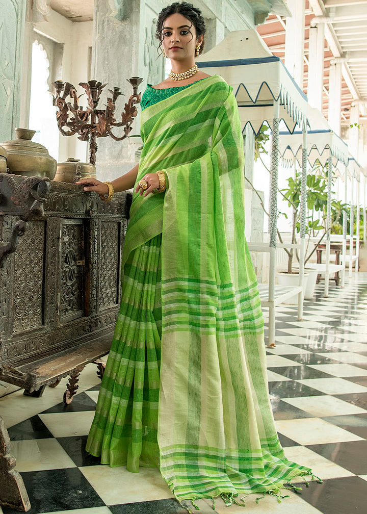 Shades Of Green Linen Saree having Zari Woven Stripes