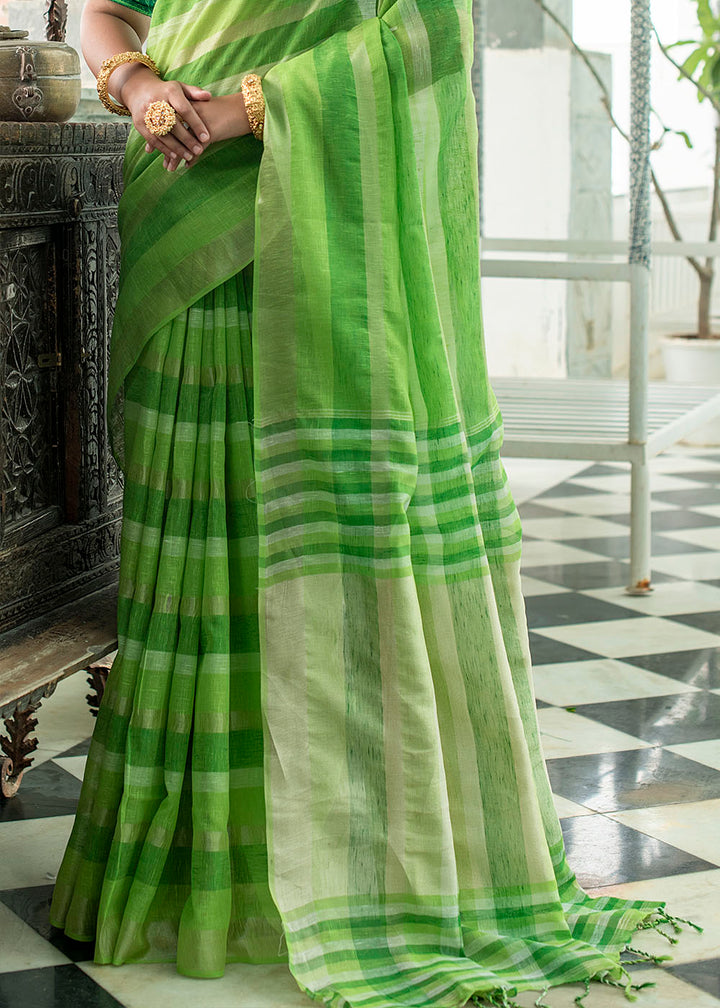 Shades Of Green Linen Saree having Zari Woven Stripes