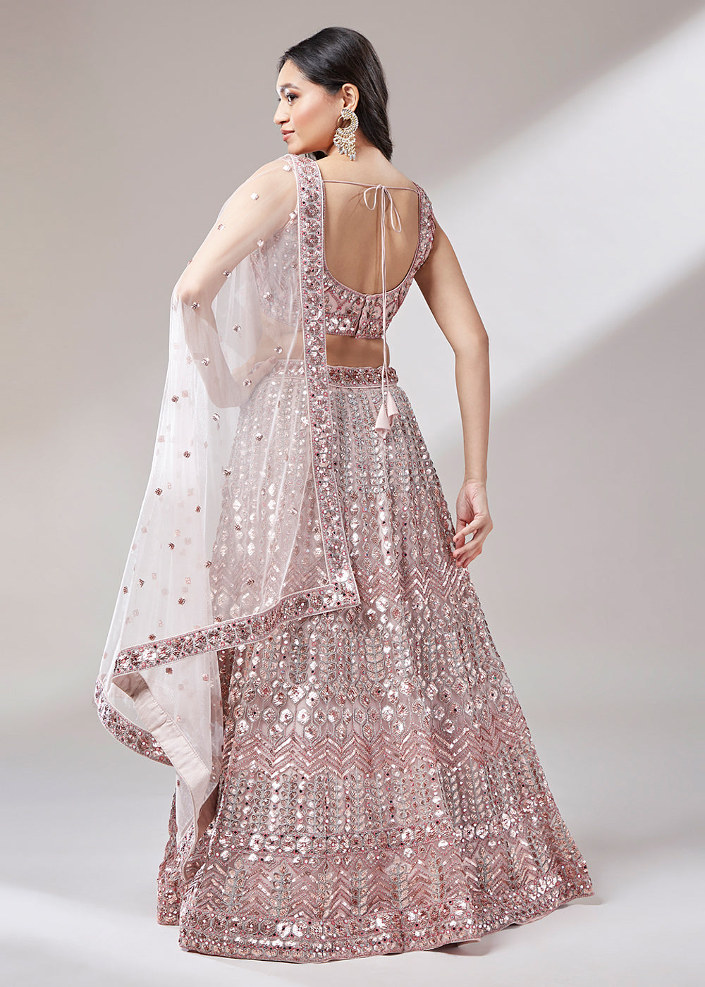 Rose Gold Net Designer Lehenga Choli with Mirror & Sequins work