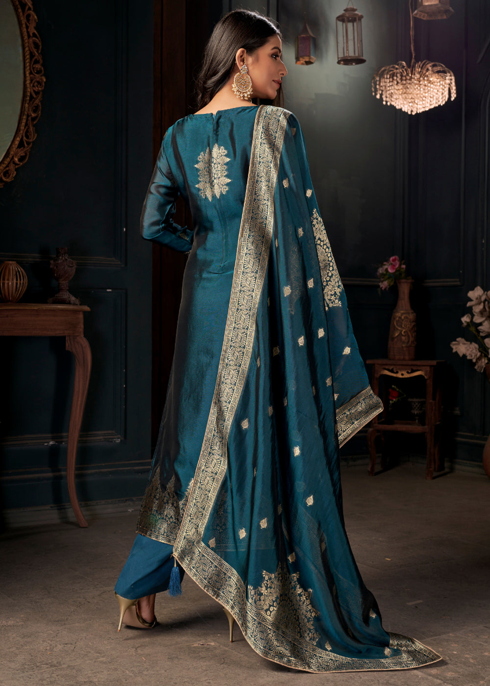Prussian Blue Designer Viscose Salwar Suit having Zari work