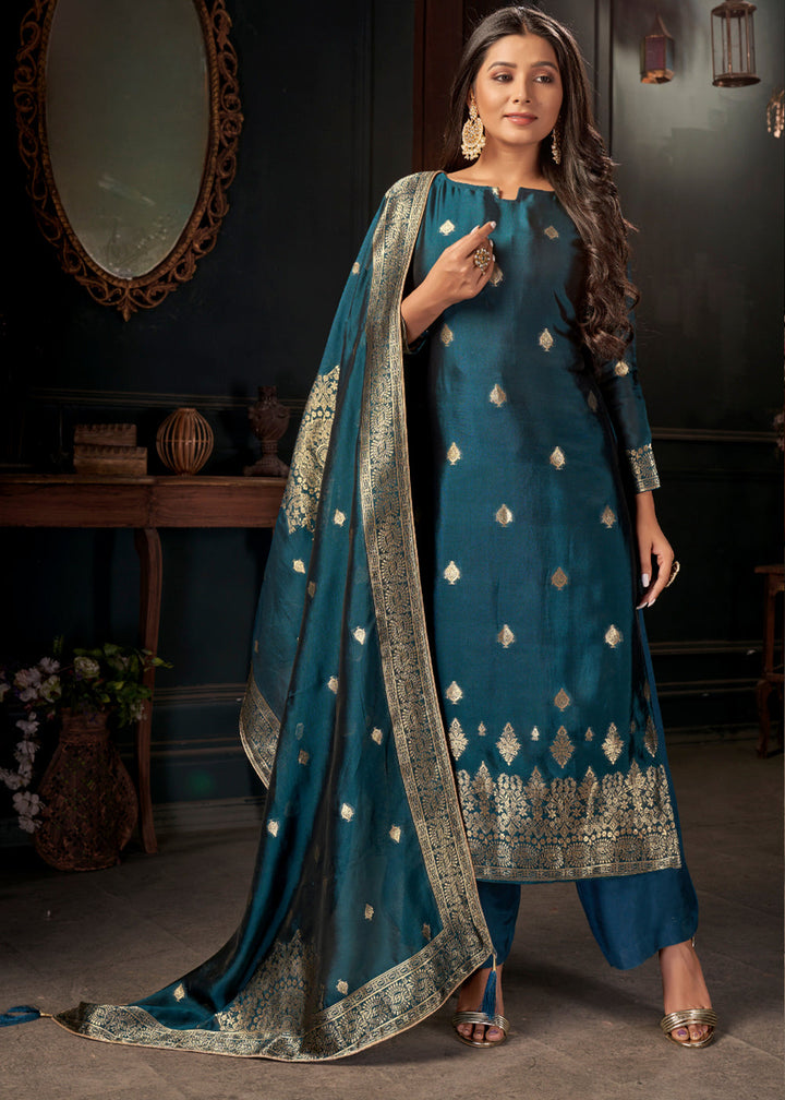 Prussian Blue Designer Viscose Salwar Suit having Zari work