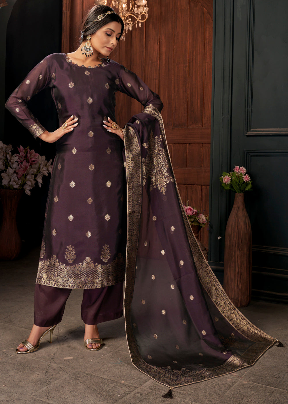 Eggplant Purple Designer Viscose Salwar Suit having Zari work