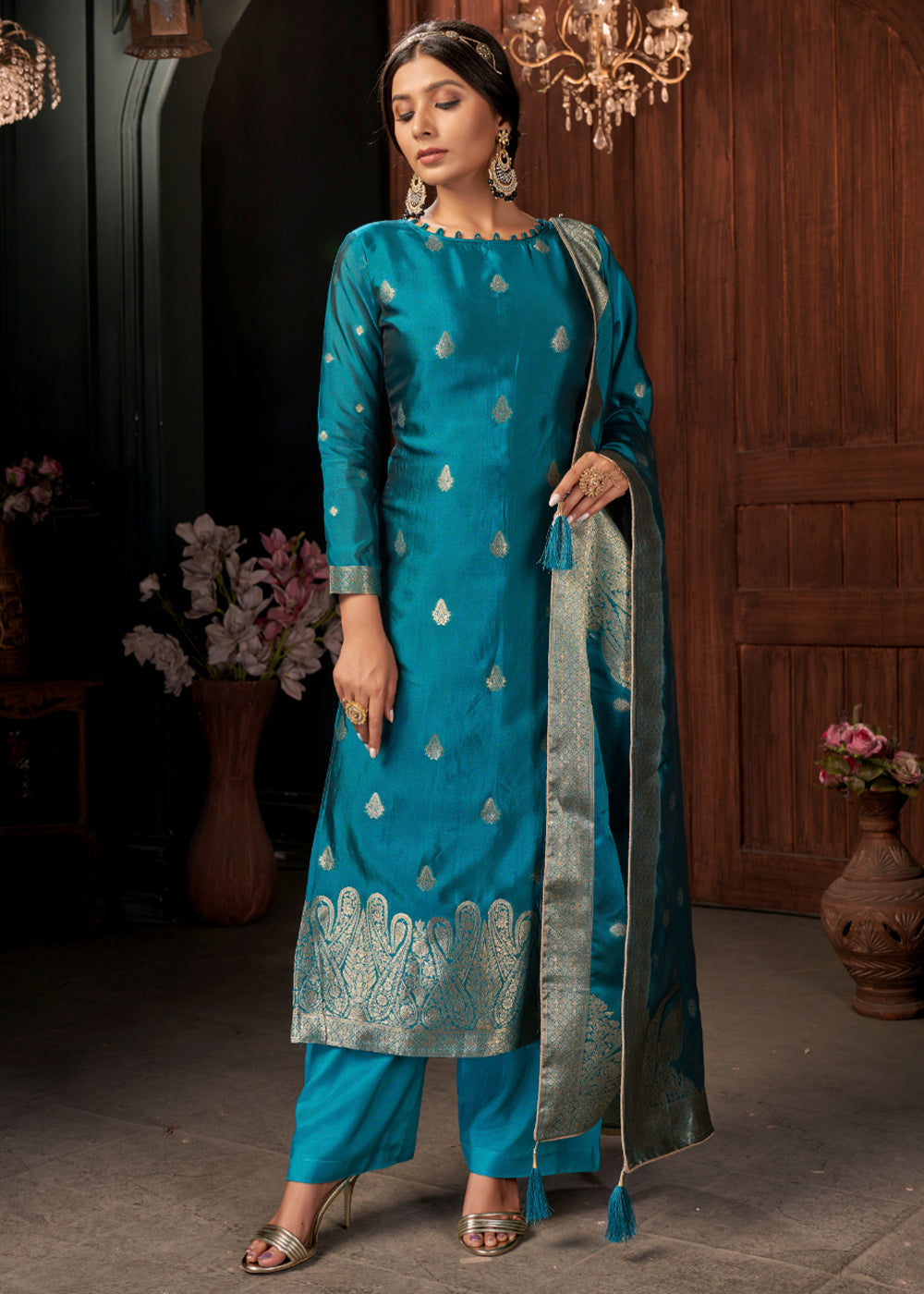 Cerulean Blue Designer Viscose Salwar Suit having Zari work