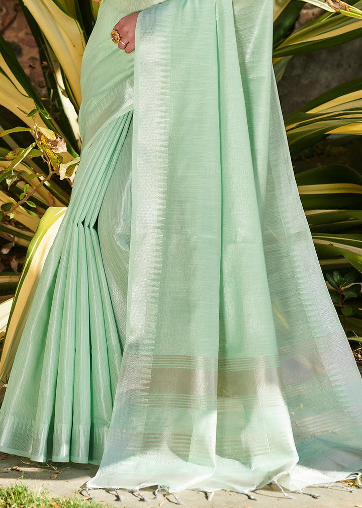 Pastel Green Zari Woven Tissue Linen Saree