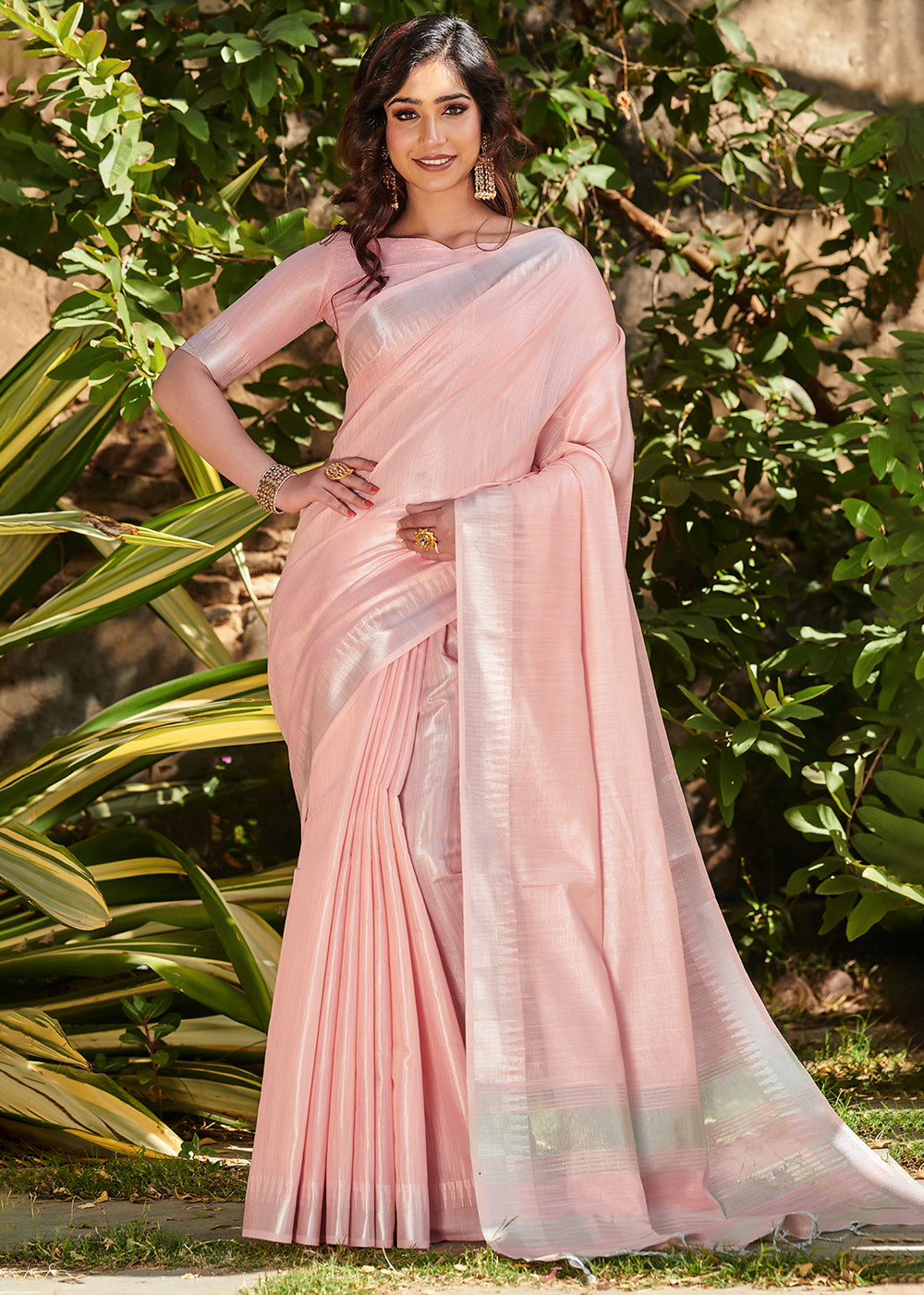 Mauvelous Pink Zari Woven Tissue Linen Saree