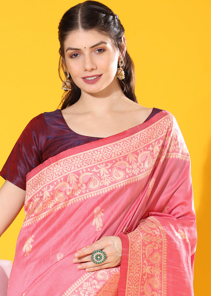 French Pink Kalamkari Woven Handloom Raw Silk Saree