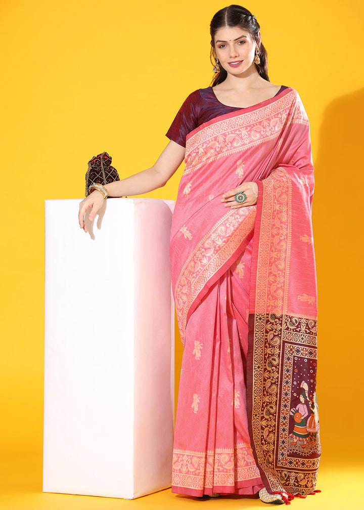 French Pink Kalamkari Woven Handloom Raw Silk Saree