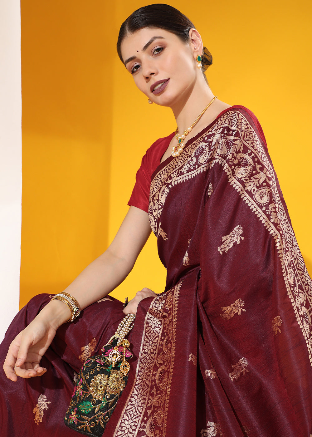 Mulberry Purple Kalamkari Woven Handloom Raw Silk Saree