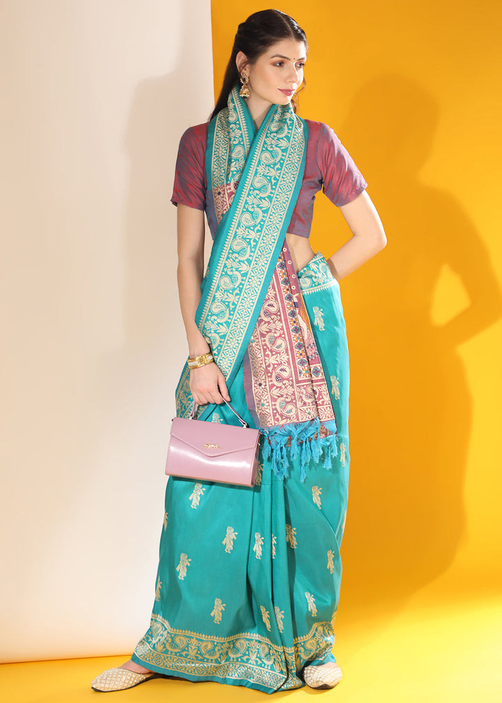 Cerulean Blue Kalamkari Woven Handloom Raw Silk Saree