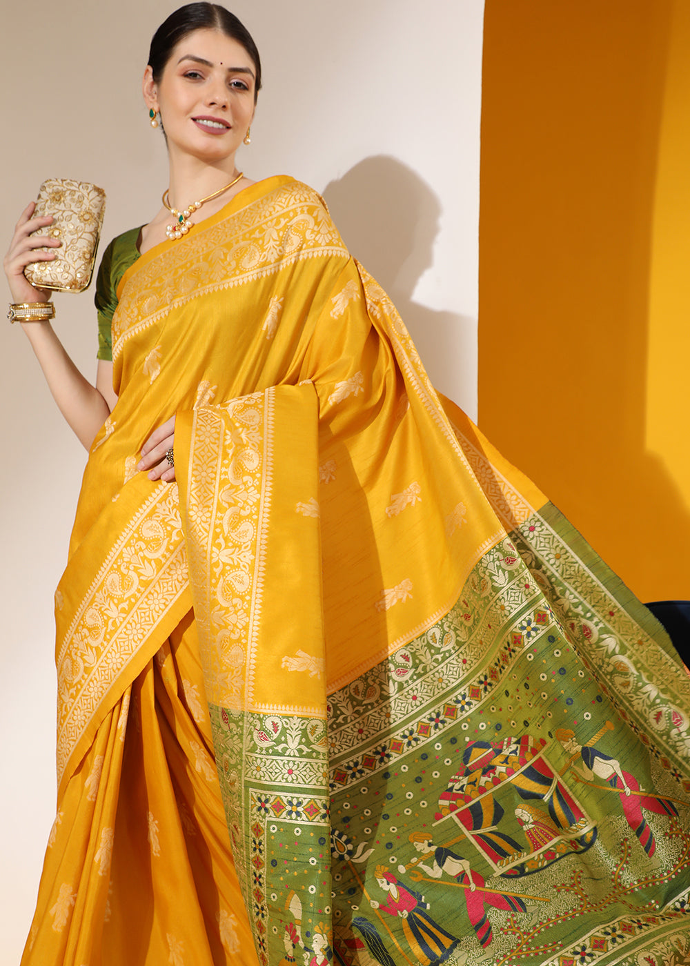 Cyber Yellow Kalamkari Woven Handloom Raw Silk Saree