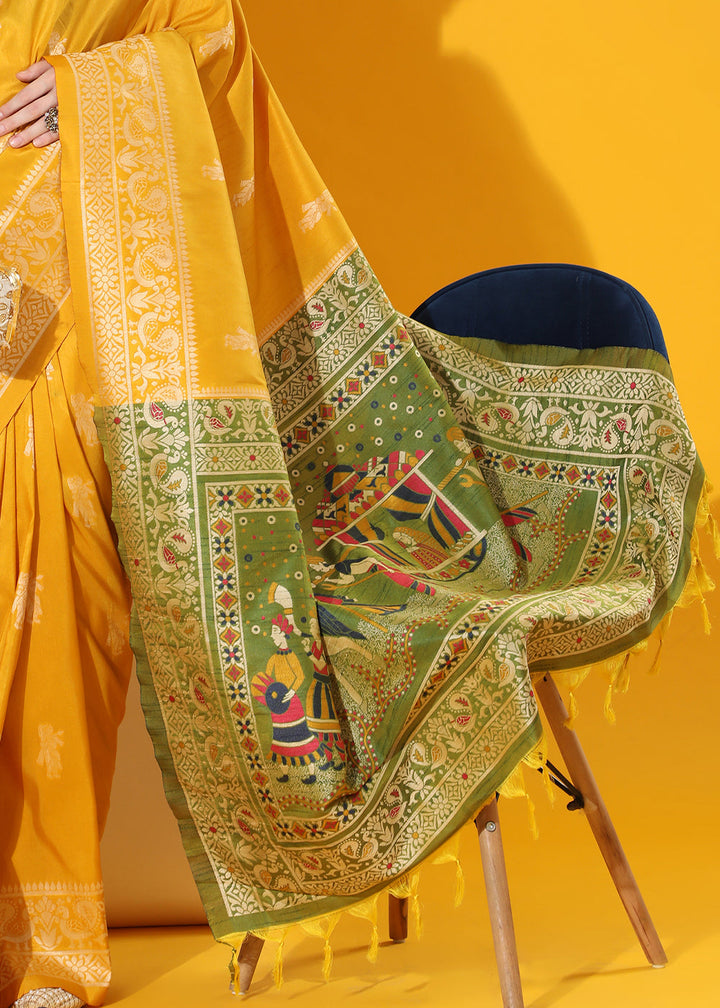 Cyber Yellow Kalamkari Woven Handloom Raw Silk Saree
