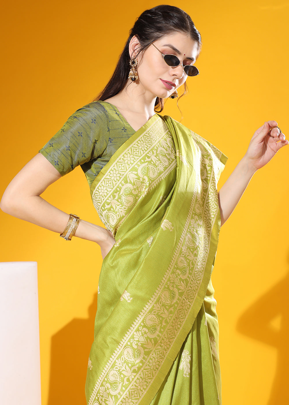Pear Green Kalamkari Woven Handloom Raw Silk Saree