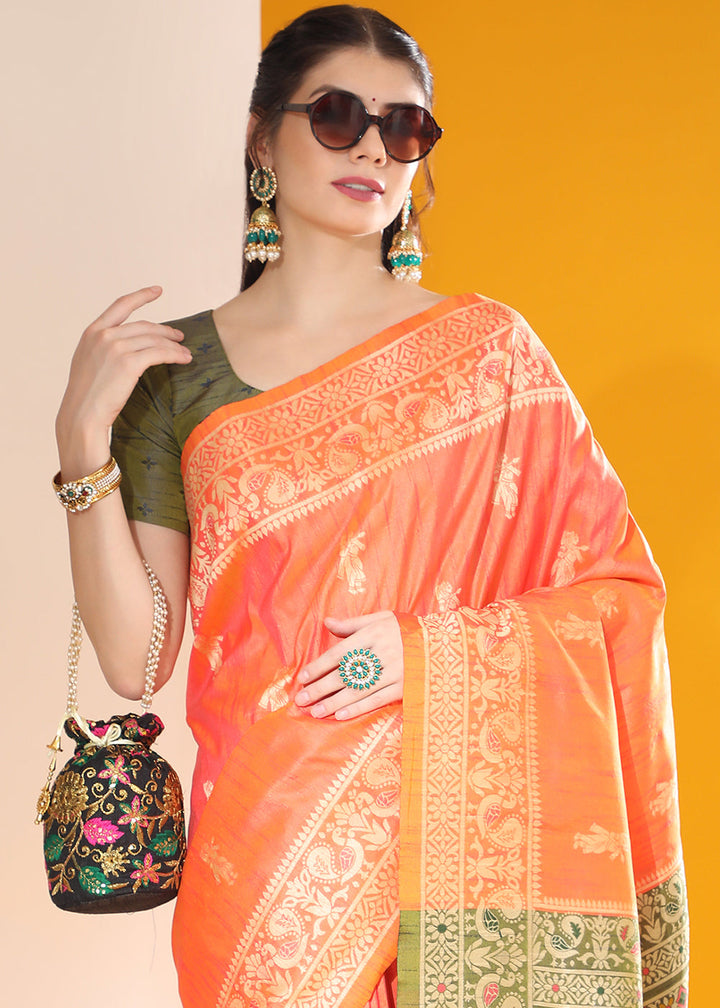 Sunset Orange Kalamkari Woven Handloom Raw Silk Saree