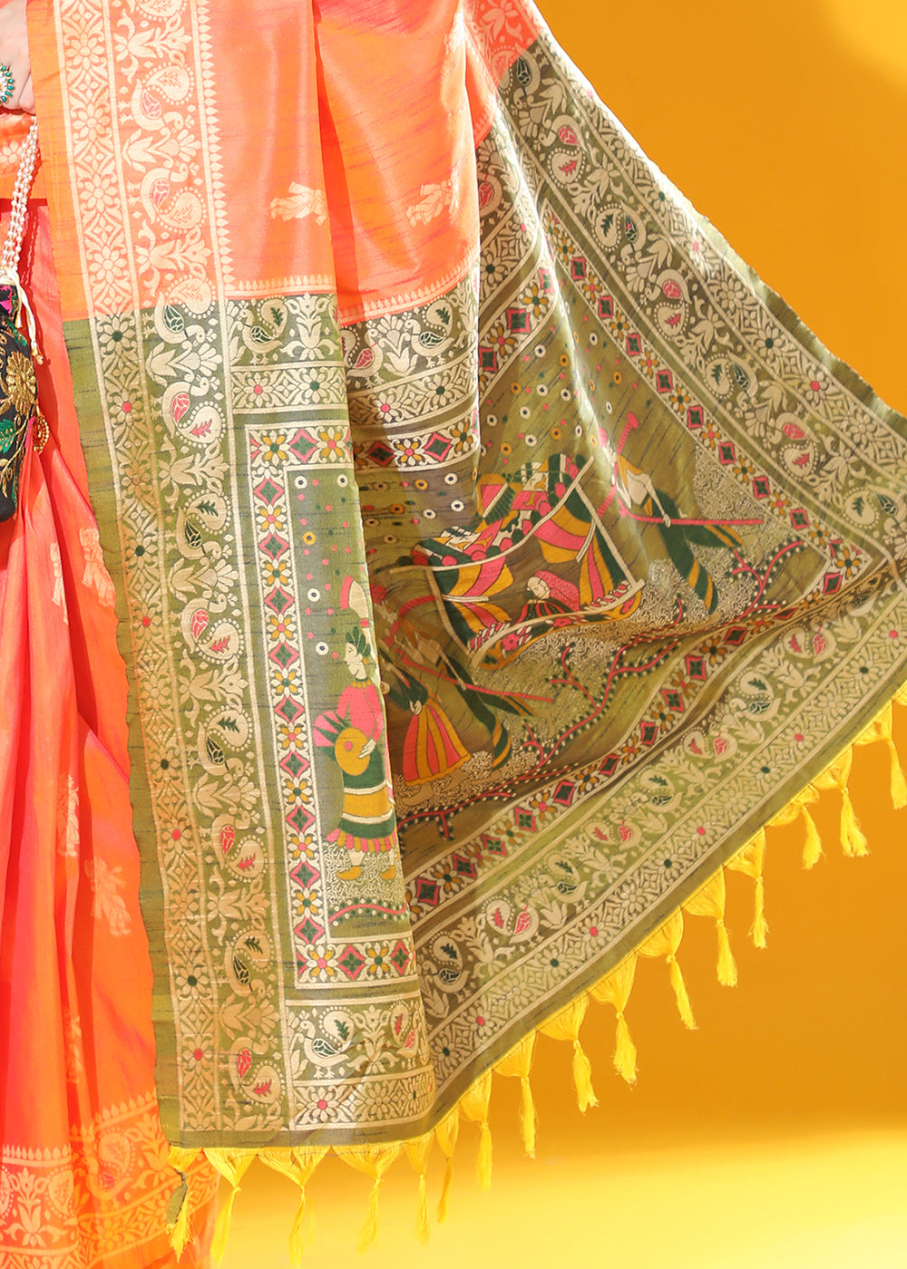 Sunset Orange Kalamkari Woven Handloom Raw Silk Saree