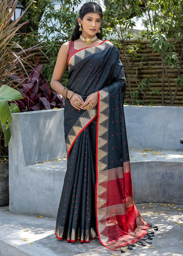 Charcoal Black Zari Woven Triangle Border Raw Silk Saree with Butti Overall