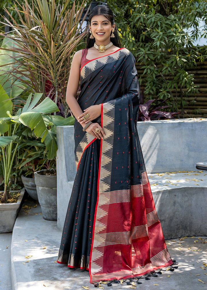 Charcoal Black Zari Woven Triangle Border Raw Silk Saree with Butti Overall