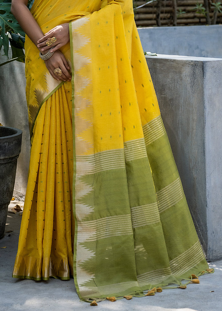 Cadmium Yellow Zari Woven Triangle Border Raw Silk Saree with Butti Overall