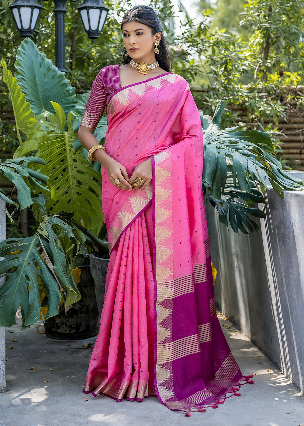 Ultra Pink Zari Woven Triangle Border Raw Silk Saree with Butti Overall
