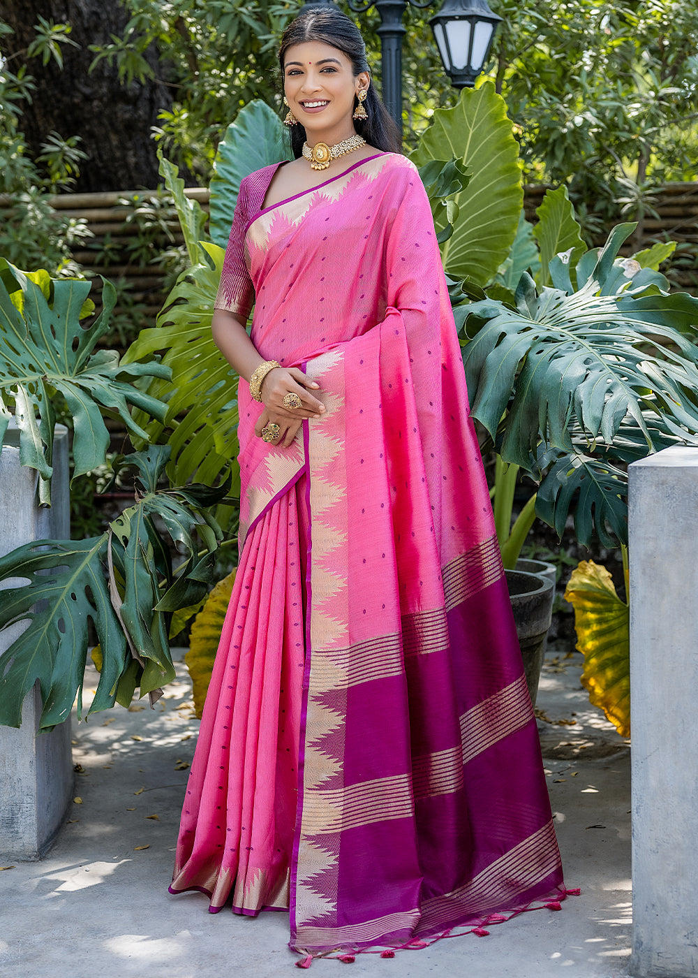 Ultra Pink Zari Woven Triangle Border Raw Silk Saree with Butti Overall