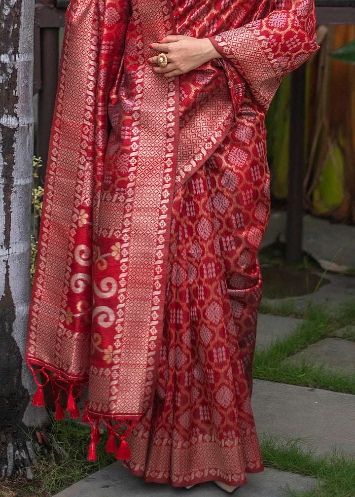 Scarlet Red Zari Woven Tussar Silk Saree