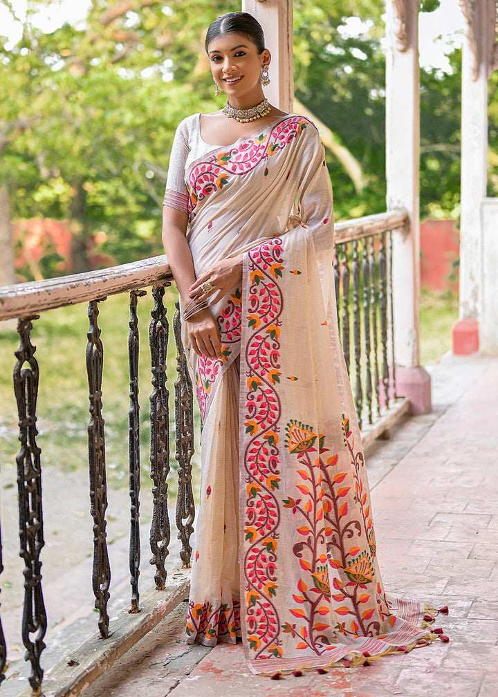 White & Pink Muga Cotton Saree with Woven Butti All Over