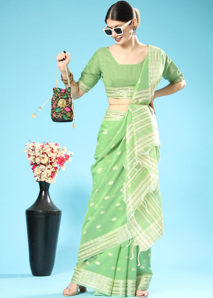 Pastel Green Chikankari Weaving Cotton Saree