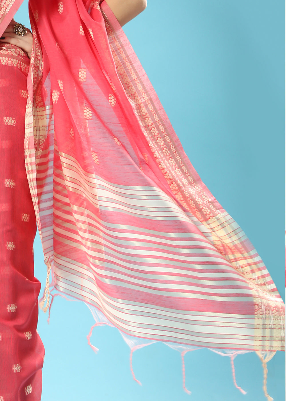 Brink Pink Chikankari Weaving Cotton Saree