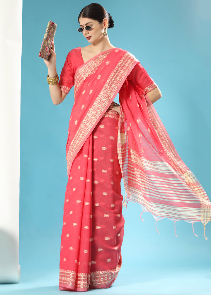 Brink Pink Chikankari Weaving Cotton Saree