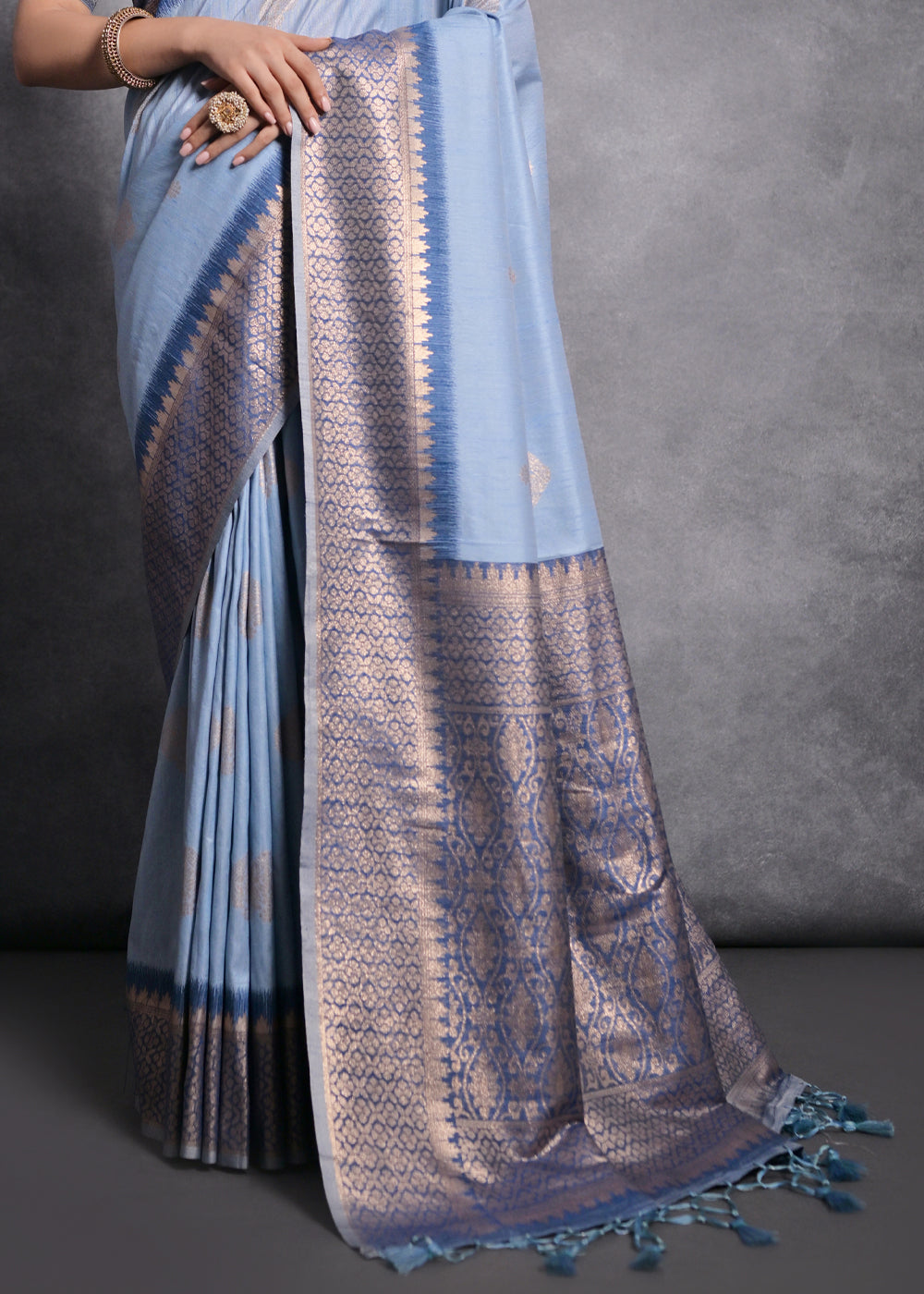 Cornflower Blue Tussar Silk Saree with Zari Woven Contrast Border