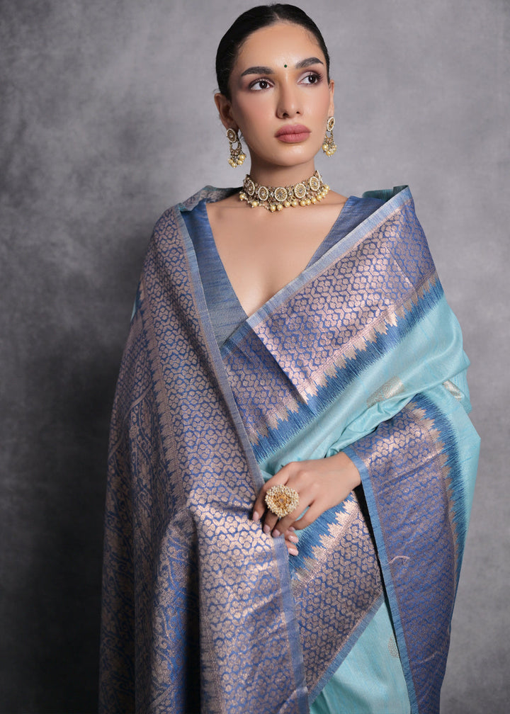 Maya Blue Tussar Silk Saree with Zari Woven Contrast Border