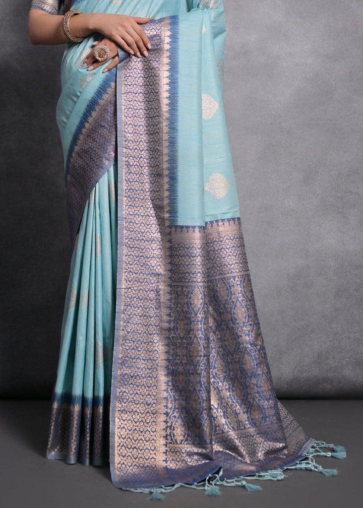Maya Blue Tussar Silk Saree with Zari Woven Contrast Border