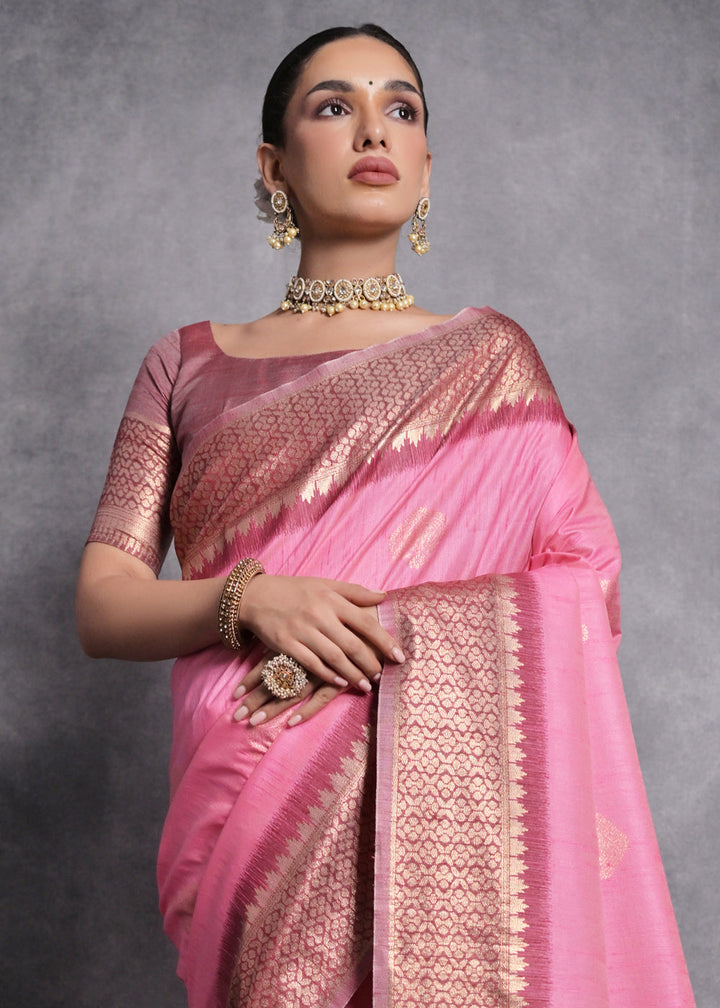Neon Pink Tussar Silk Saree with Zari Woven Contrast Border