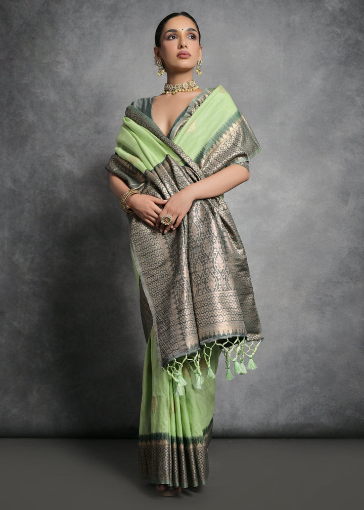 Pastel Green Tussar Silk Saree with Zari Woven Contrast Border