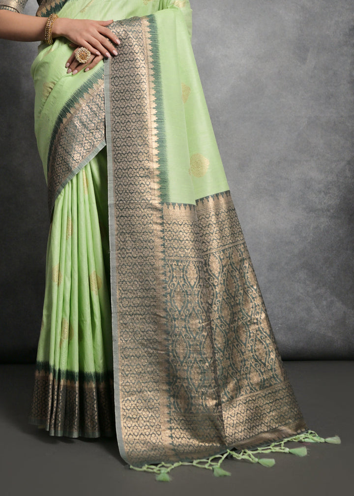 Pastel Green Tussar Silk Saree with Zari Woven Contrast Border